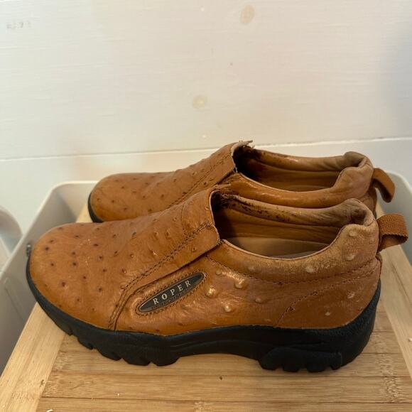 Roper Ostrich Western Loafer Clog Tan leather slip on mens 7.5 womens 9.5 - Picture 3 of 7